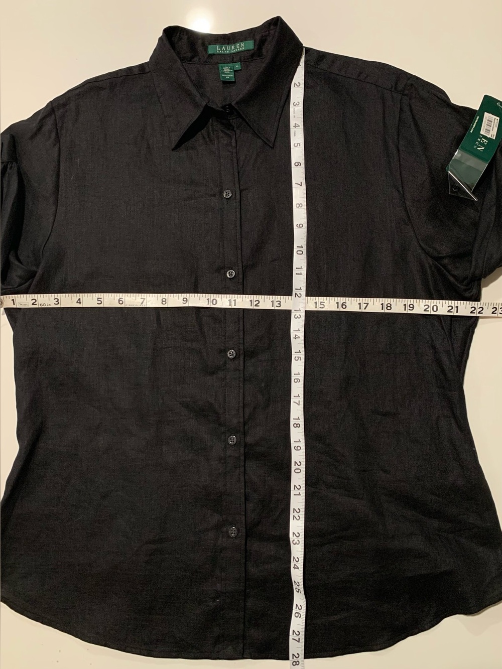 NWT Lauren Ralph Lauren Black 100% Linen Button-Up Blouse Gathered Sleeve, XL - Picture 7 of 9